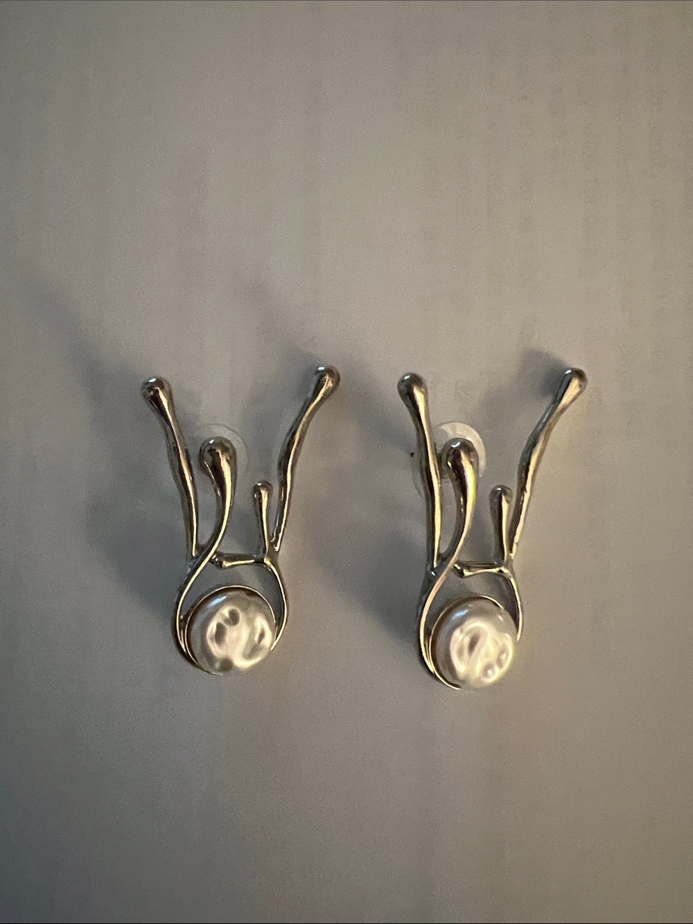 Modern Silver-Tone Earrings with White Pearl Accent